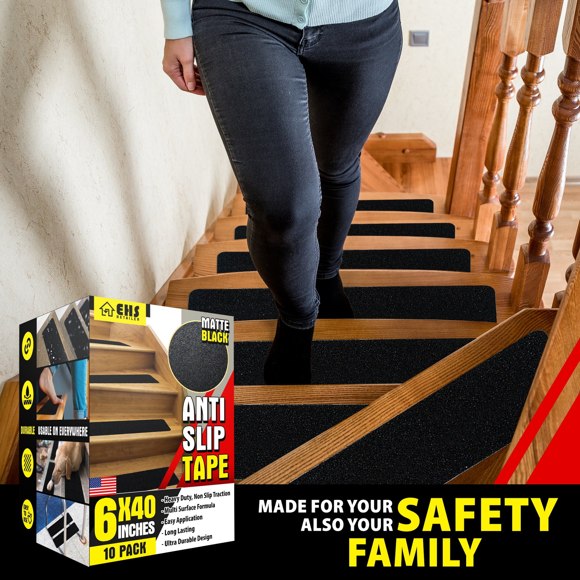 EHS 6x40” Anti Slip Tape Outdoor Stair Treads Non-Slip (10-Packs Black –  GrandGlobal LLC